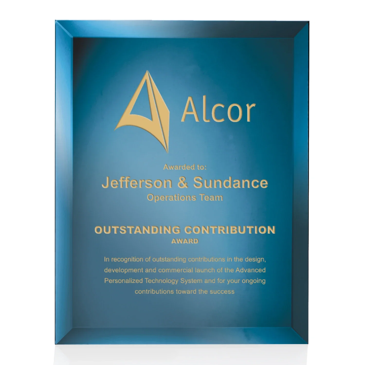 Personalized Mirror wall plaque with deep-beveled edge, etched colorfill for employee recognition