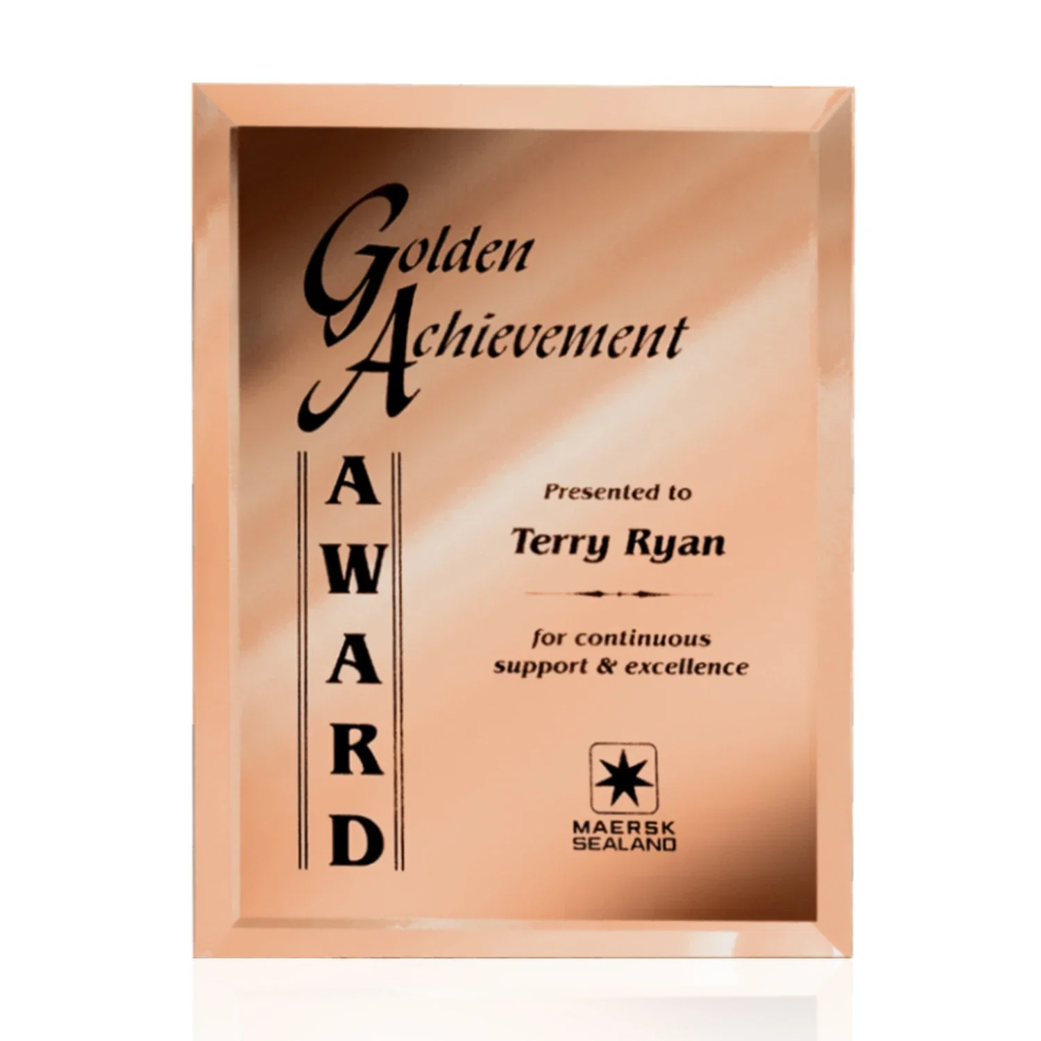 Custom Mirror wall plaque with deep-beveled edge, etched colorfill for corporate award ceremonies