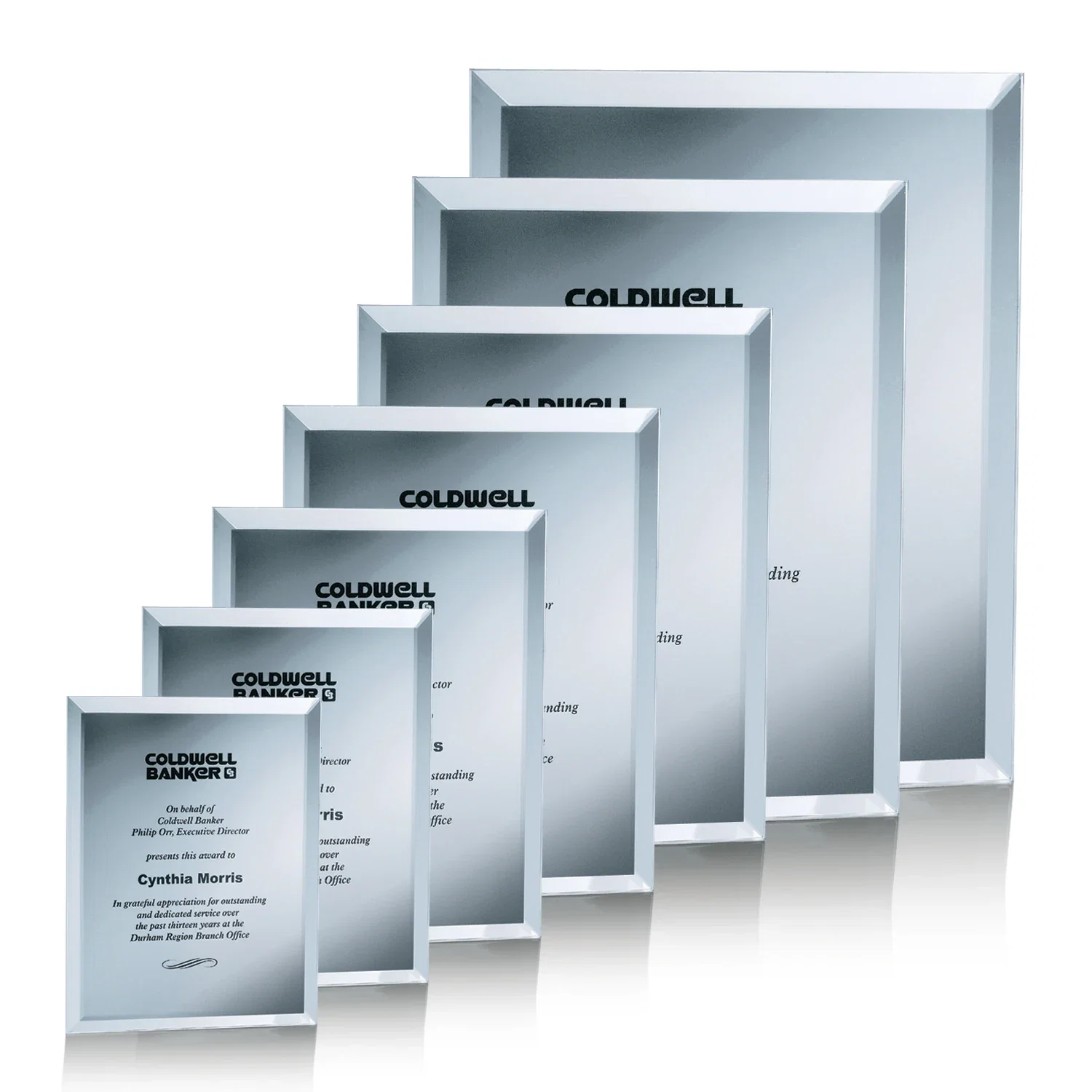Personalized Mirror wall plaque with deep-beveled edge, etched colorfill for dealer and partner awards