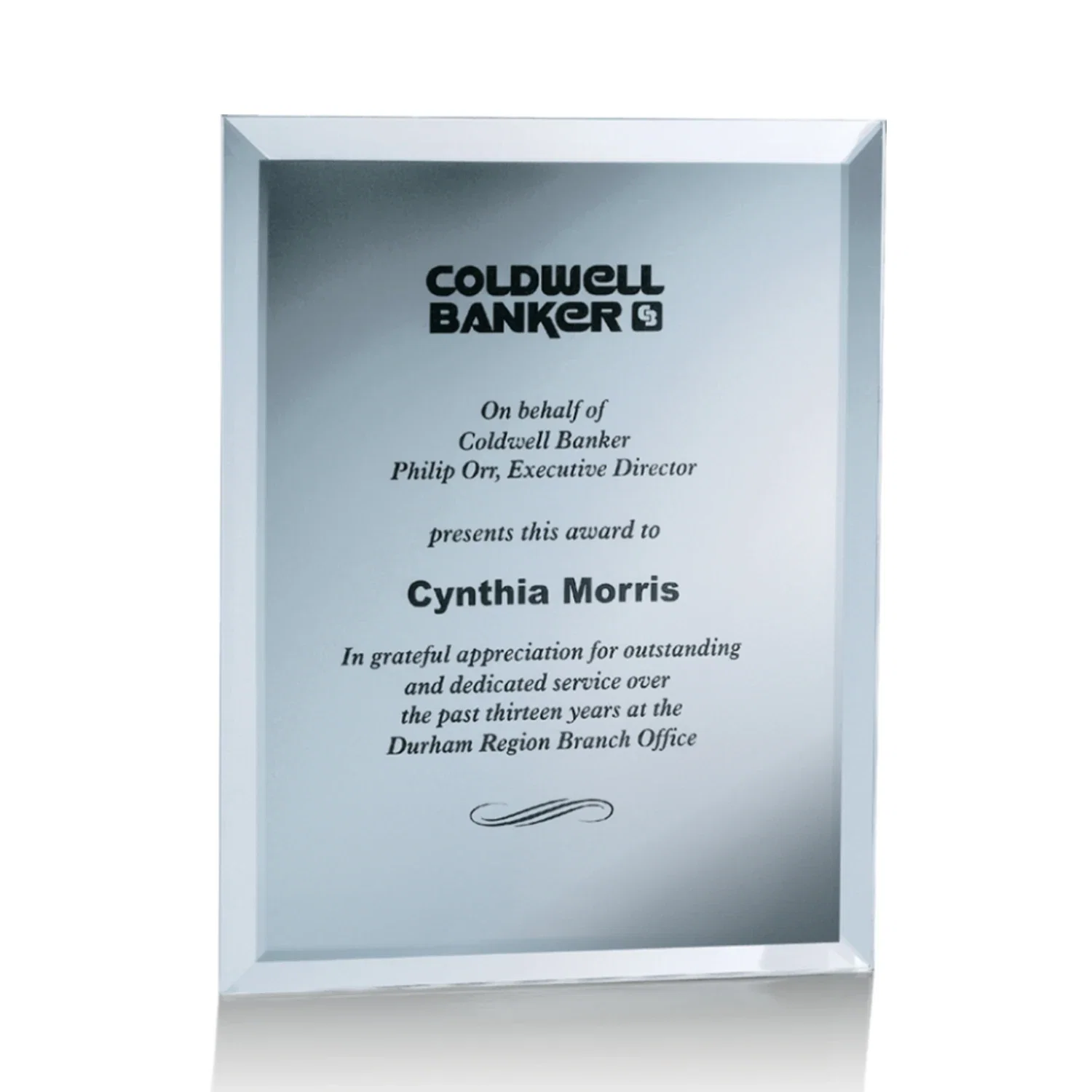 Personalized Mirror wall plaque with deep-beveled edge, etched colorfill for company anniversary events
