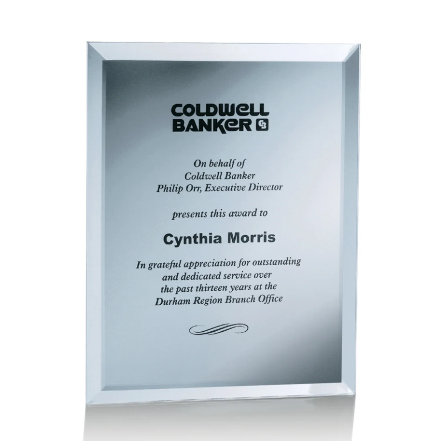 Promotional Mirror wall plaque with deep-beveled edge, etched colorfill for employee recognition