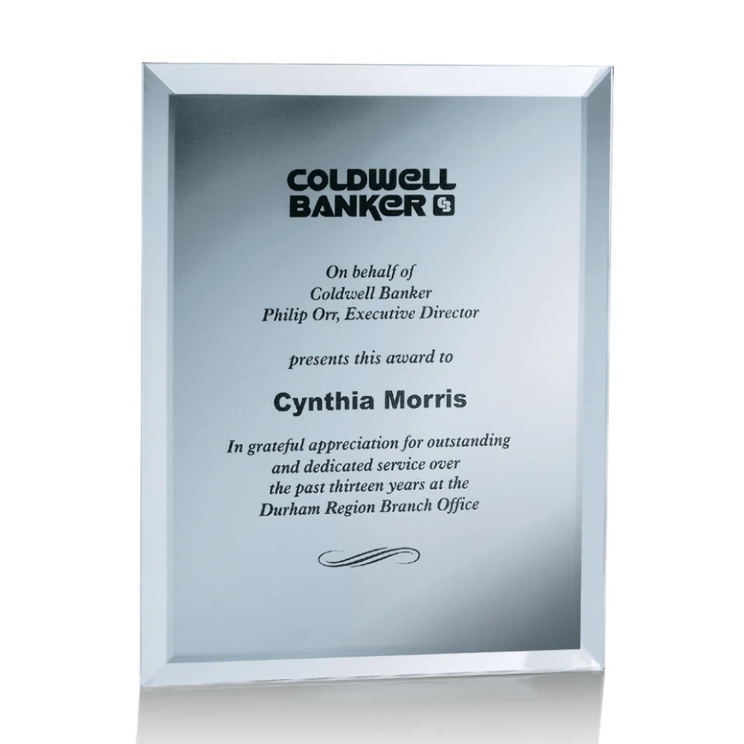 Promotional Mirror wall plaque with deep-beveled edge, etched colorfill for corporate award ceremonies