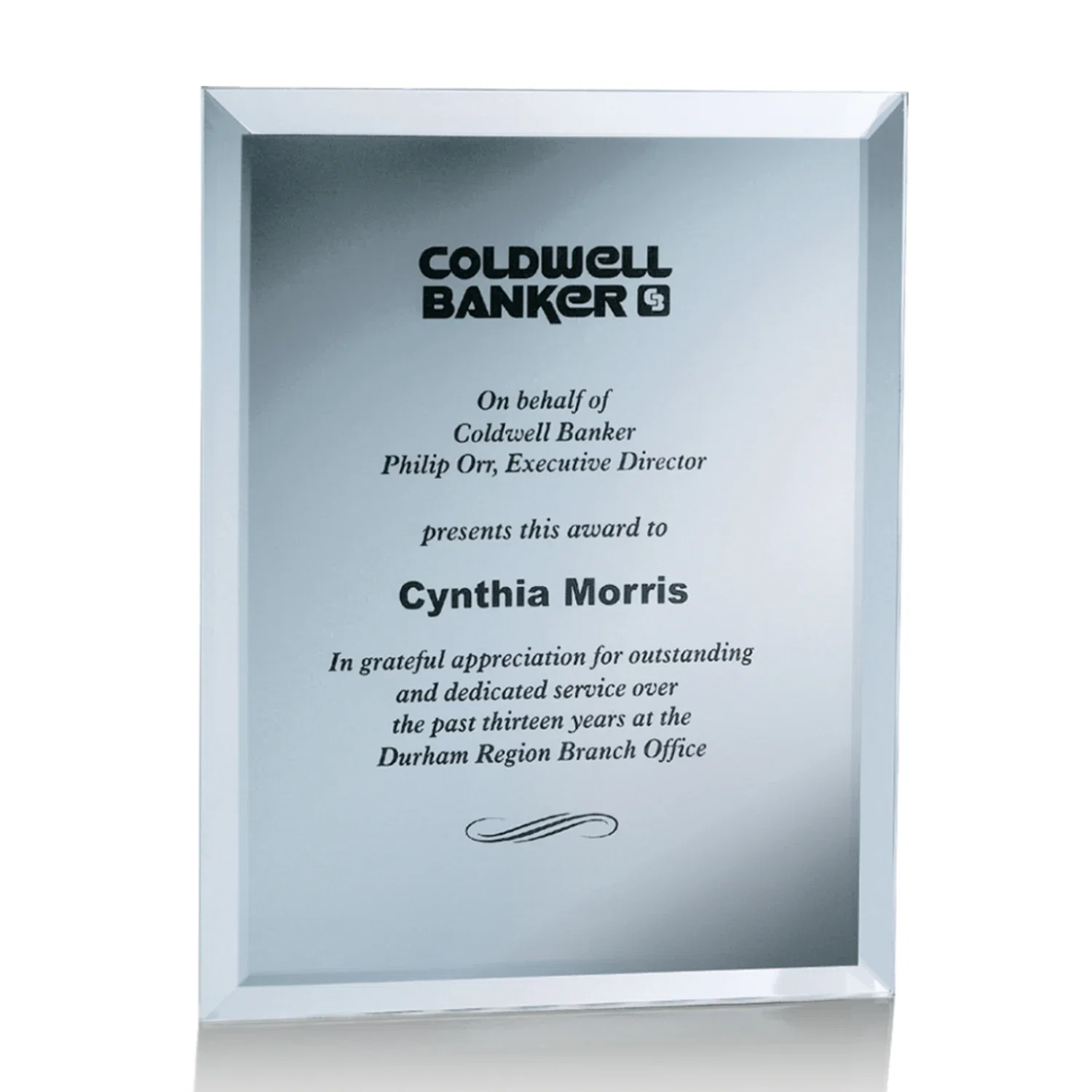 Promotional Mirror wall plaque with deep-beveled edge, etched colorfill for service anniversary gifts