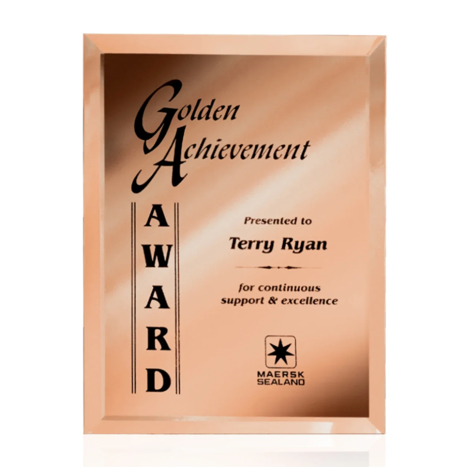 Custom Mirror wall plaque with deep-beveled edge, etched colorfill for service anniversary gifts