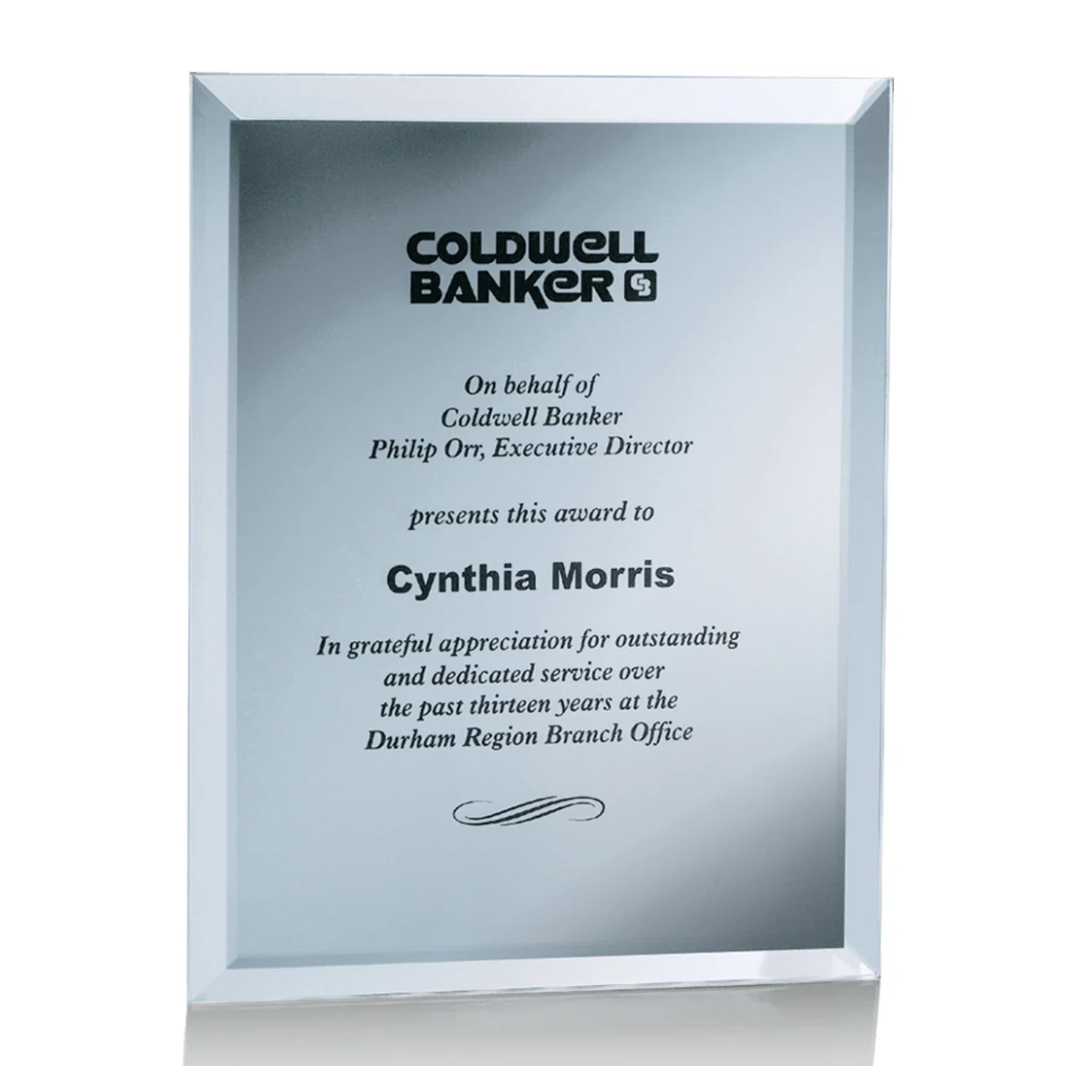 Promotional Mirror wall plaque with deep-beveled edge, etched colorfill for sales achievement awards
