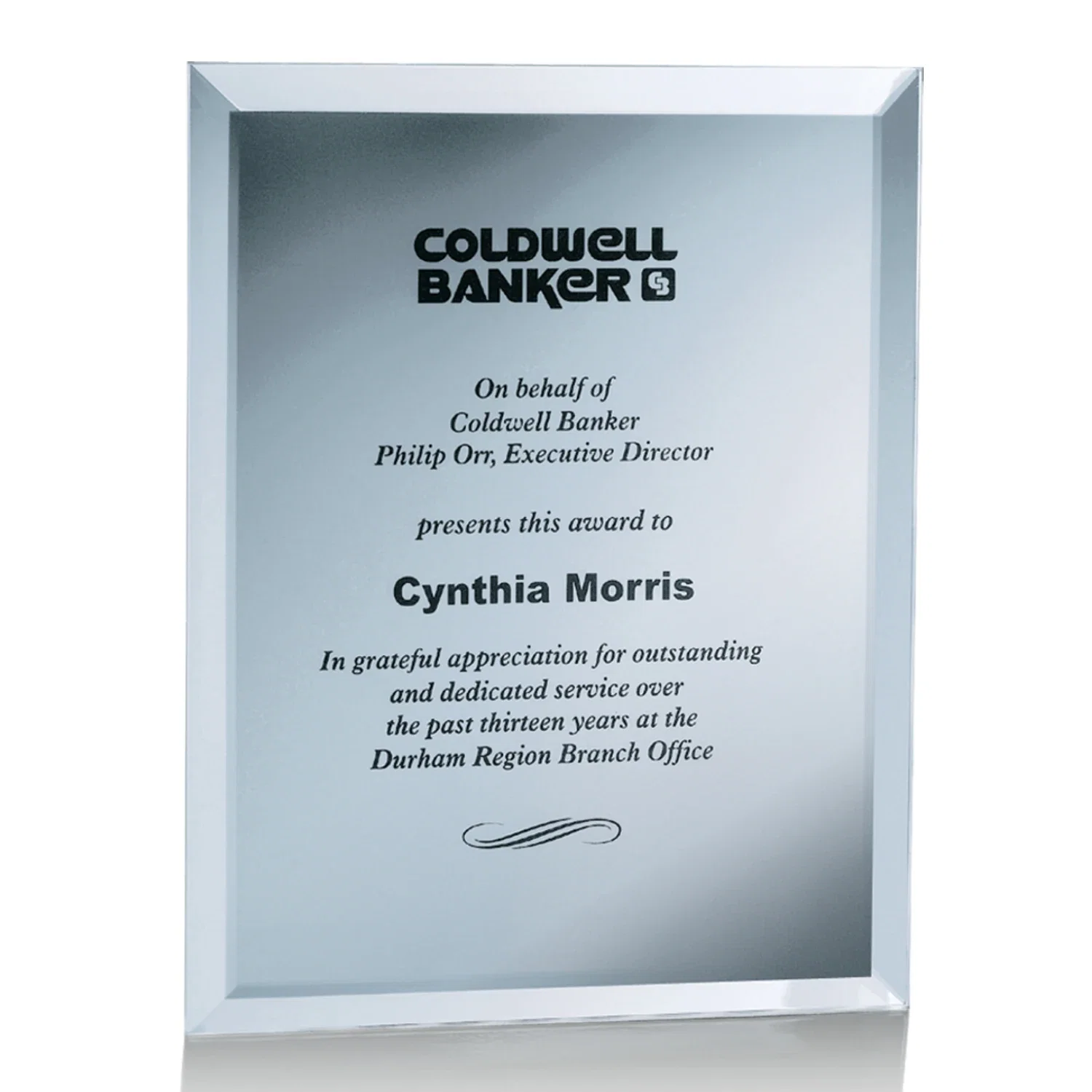Promotional Mirror wall plaque with deep-beveled edge, etched colorfill for retirement presentations