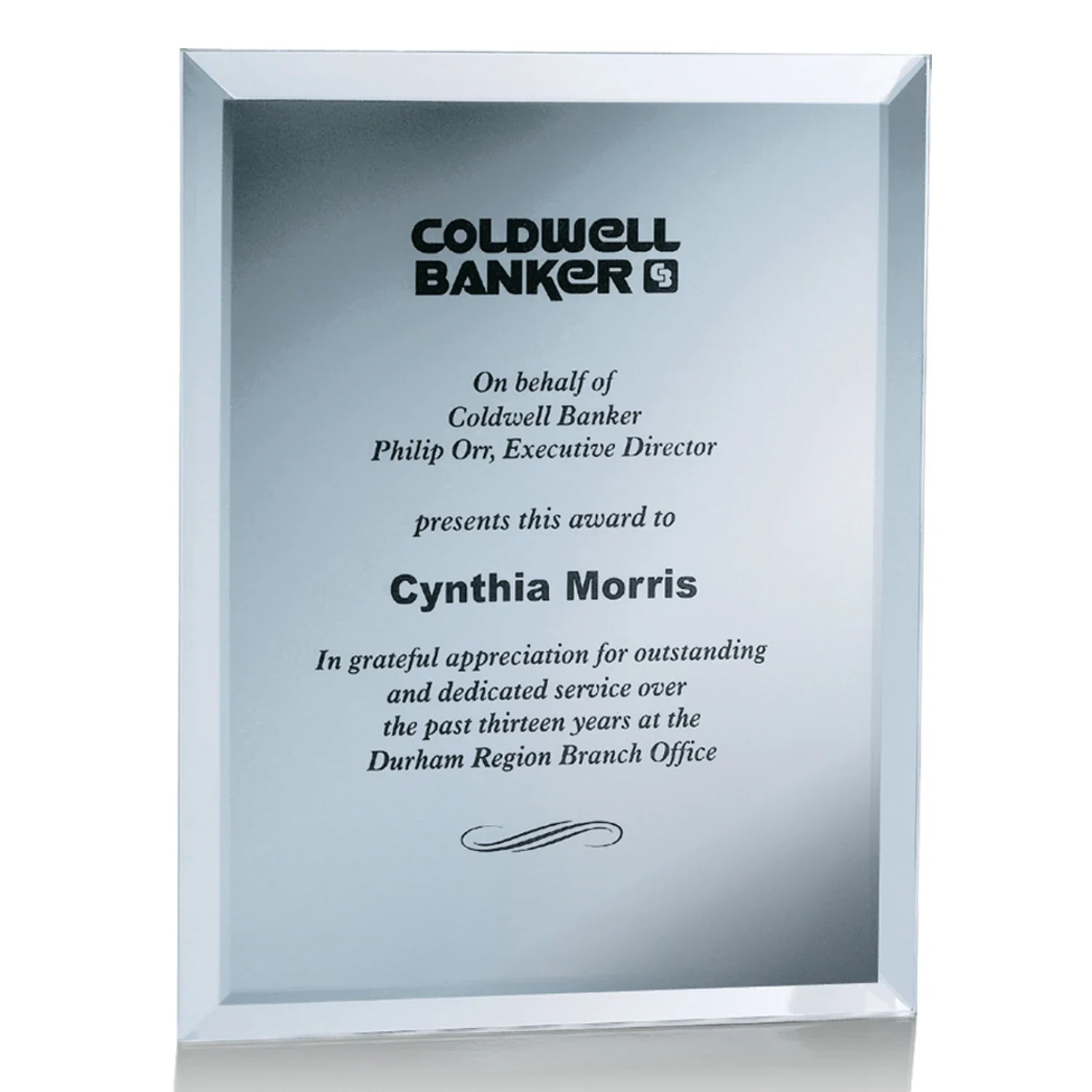 Promotional Mirror wall plaque with deep-beveled edge, etched colorfill for team milestone celebrations