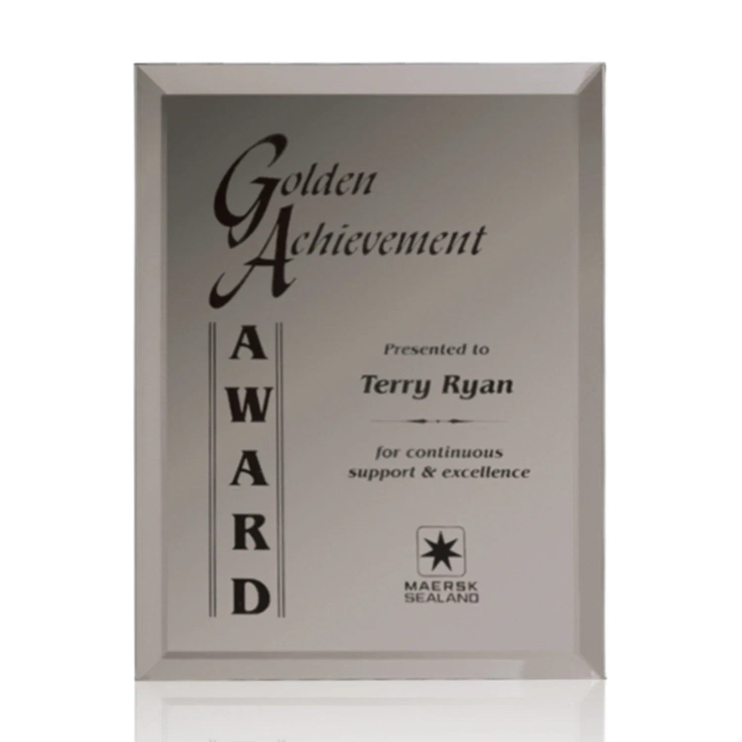Promotional Mirror wall plaque with deep-beveled edge, etched colorfill for safety achievement programs