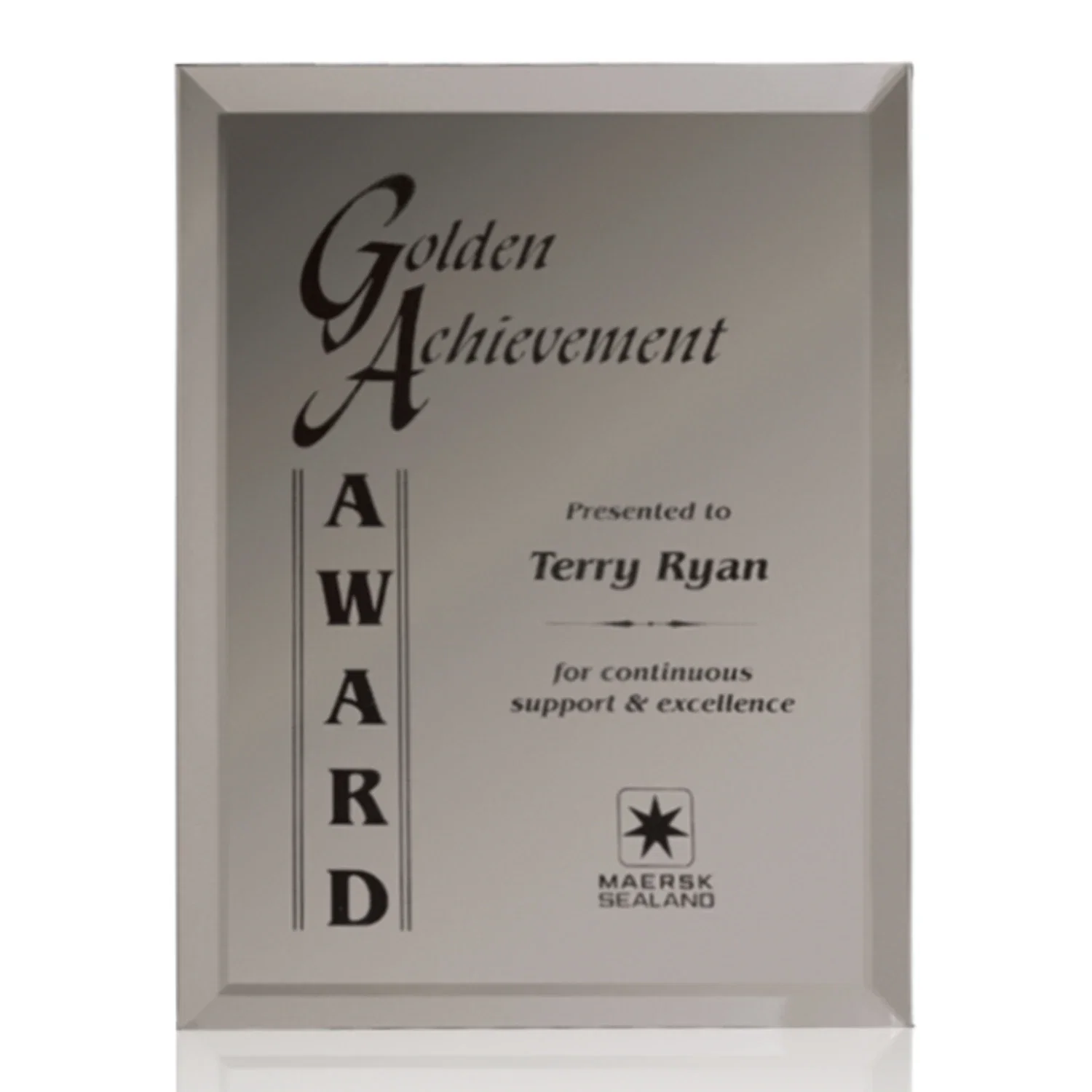 Promotional Mirror wall plaque with deep-beveled edge, etched colorfill for dealer and partner awards