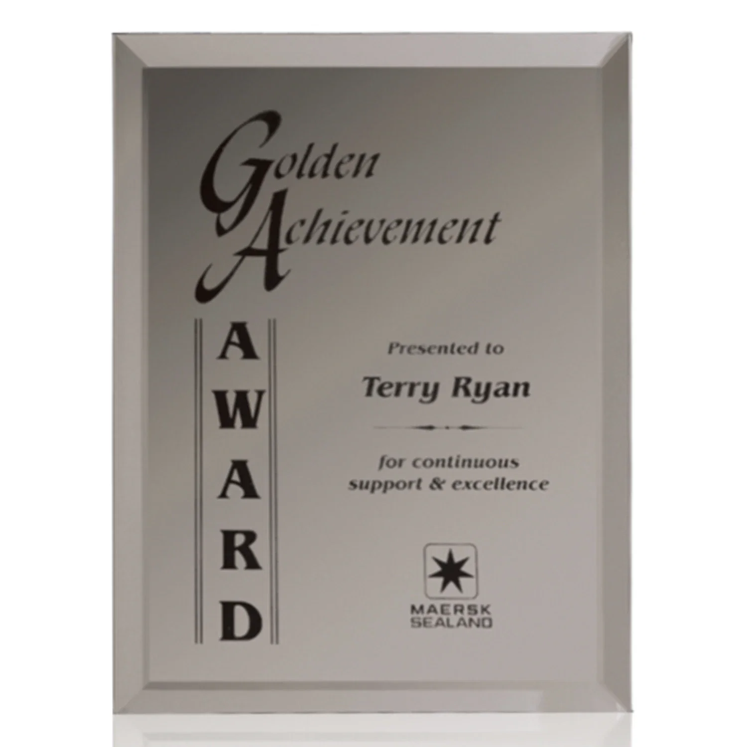 Promotional Mirror wall plaque with deep-beveled edge, etched colorfill for company anniversary events