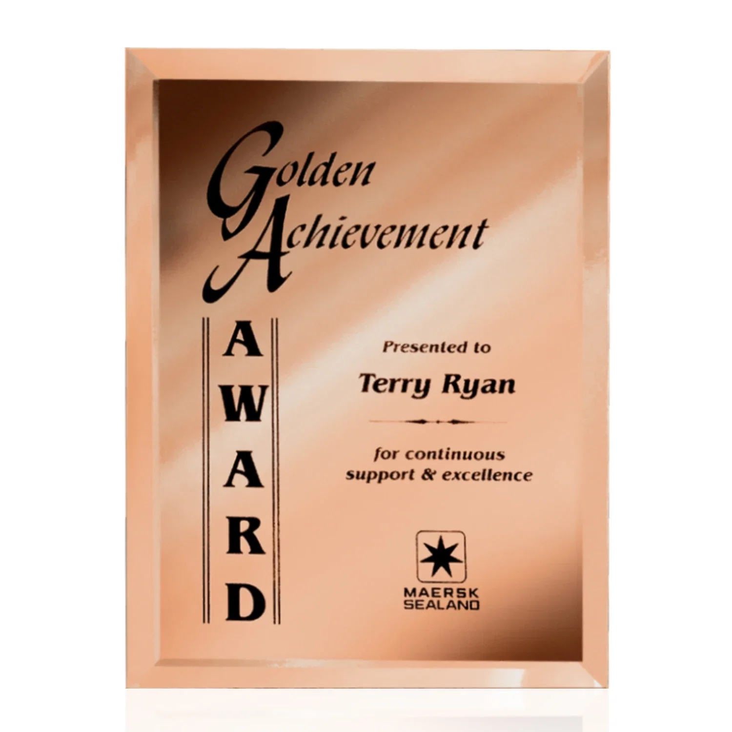 Custom Mirror wall plaque with deep-beveled edge, etched colorfill for sales achievement awards