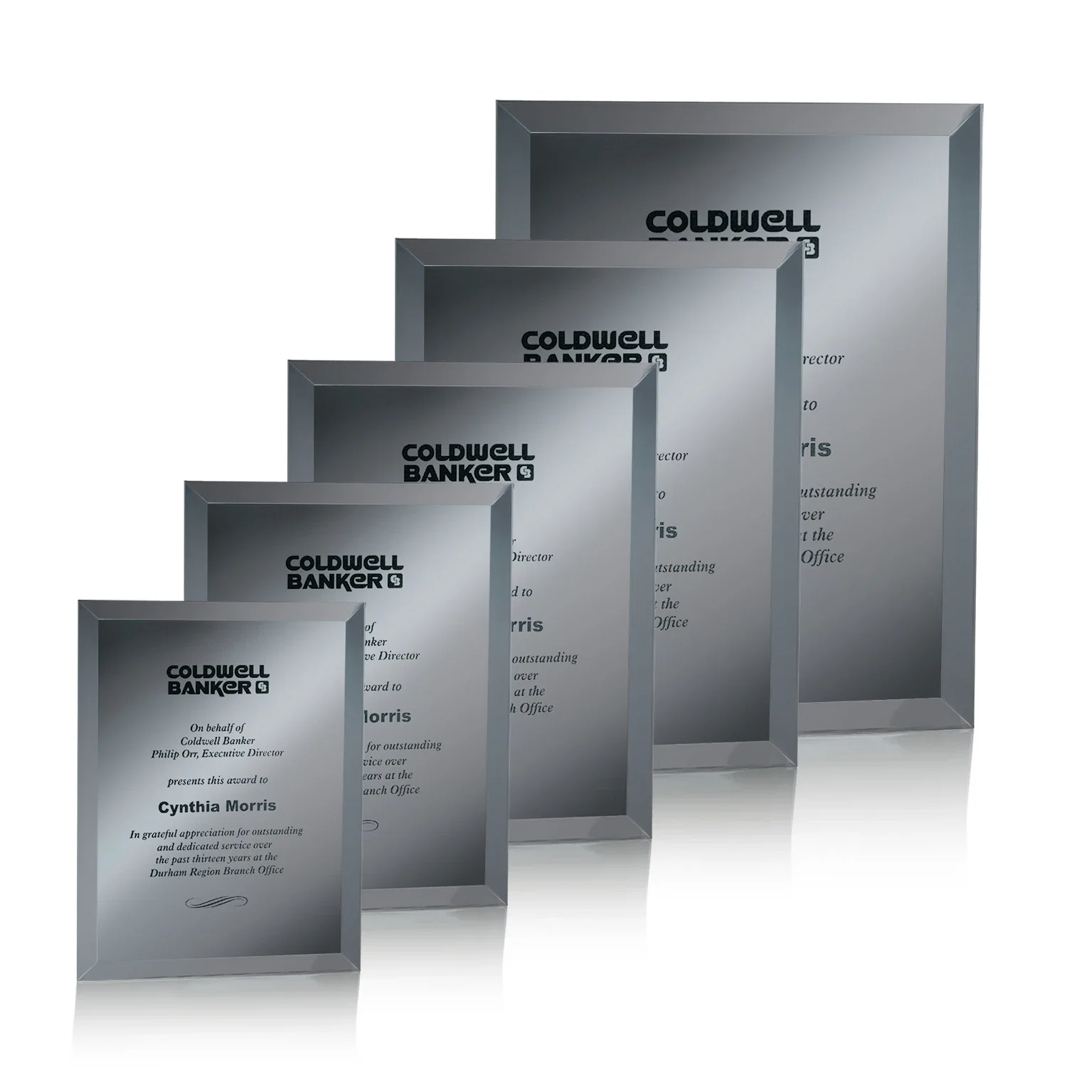 Branded Mirror wall plaque with deep-beveled edge, etched colorfill for employee recognition