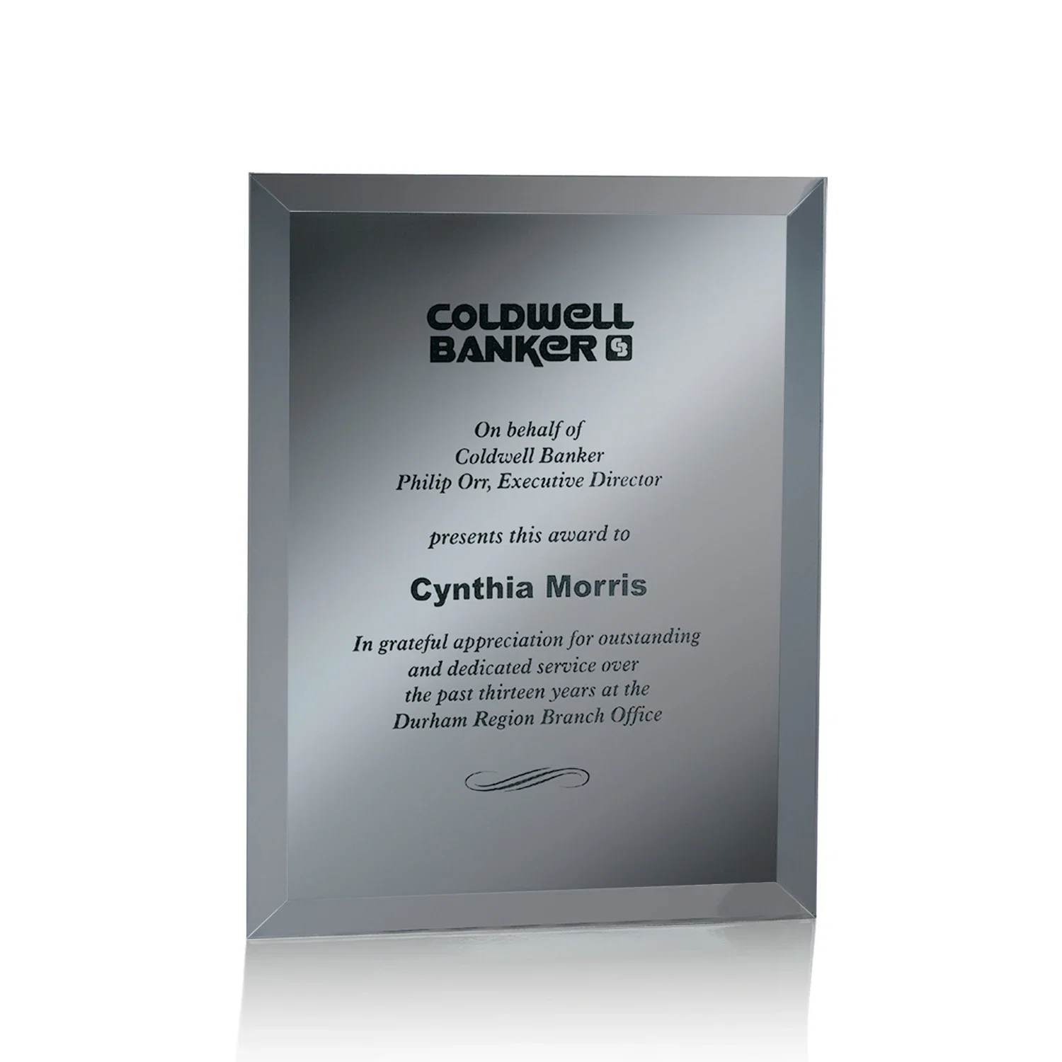 Branded Mirror wall plaque with deep-beveled edge, etched colorfill for corporate award ceremonies