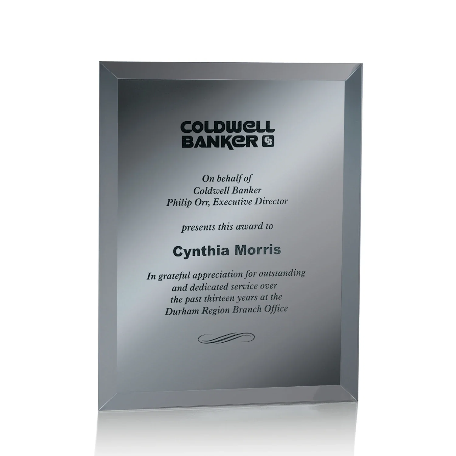 Branded Mirror wall plaque with deep-beveled edge, etched colorfill for sales achievement awards