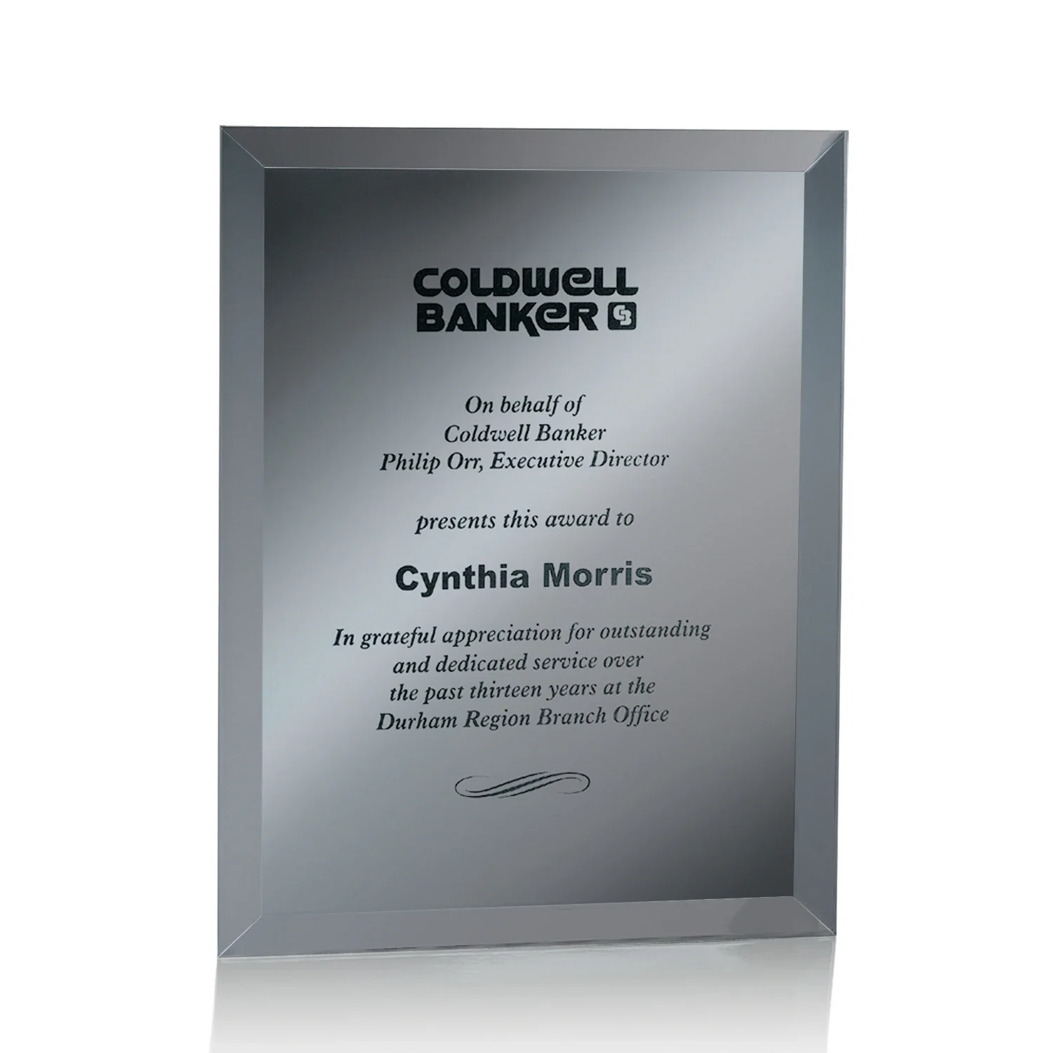 Branded Mirror wall plaque with deep-beveled edge, etched colorfill for retirement presentations