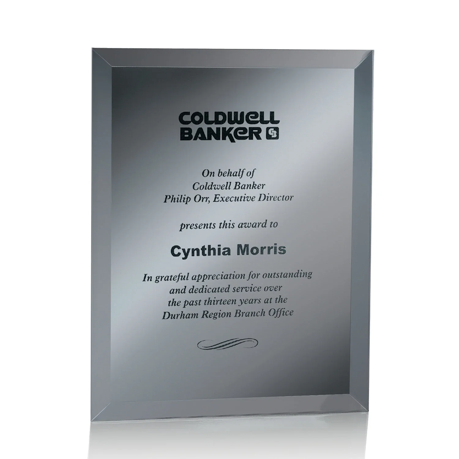 Branded Mirror wall plaque with deep-beveled edge, etched colorfill for team milestone celebrations