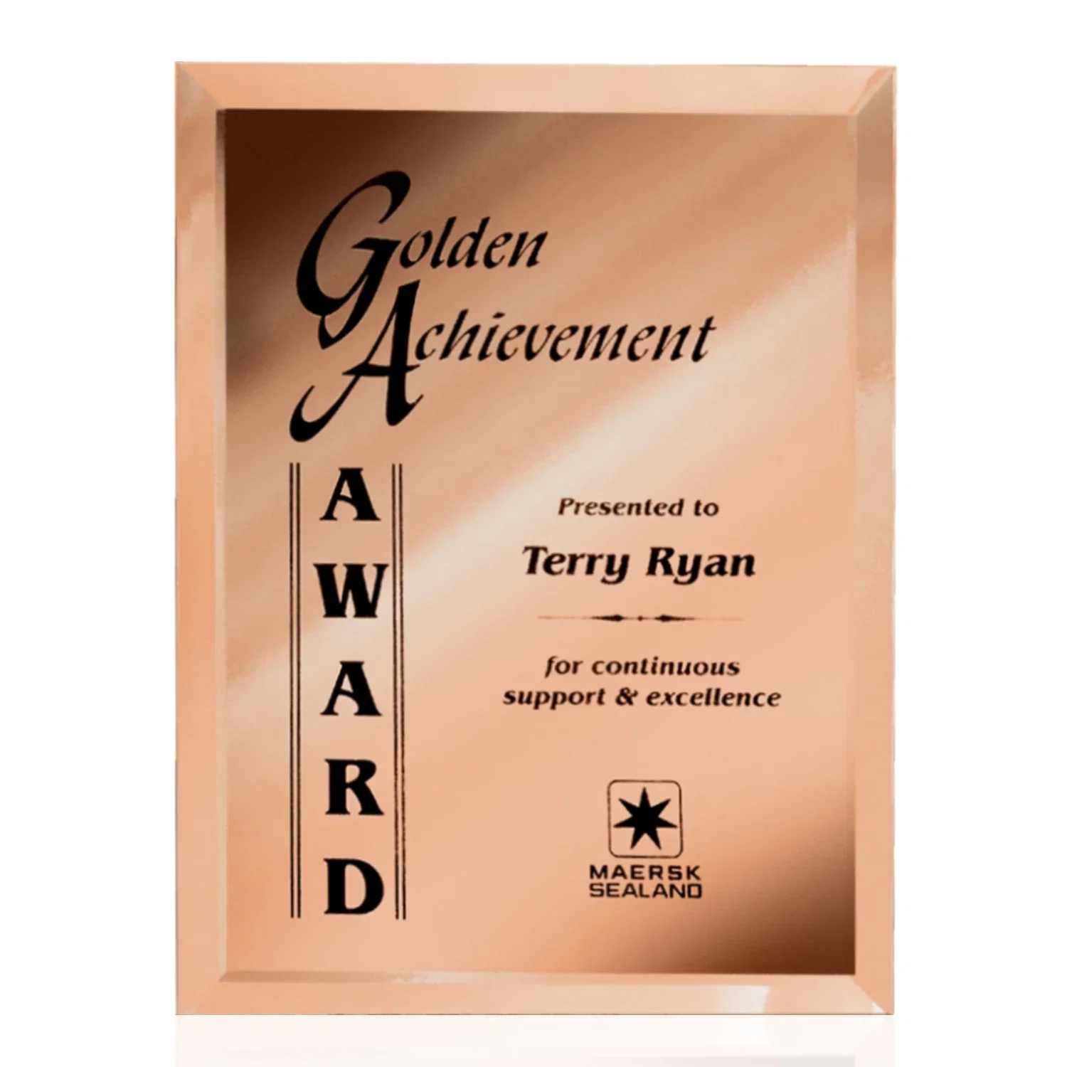 Custom Mirror wall plaque with deep-beveled edge, etched colorfill for retirement presentations