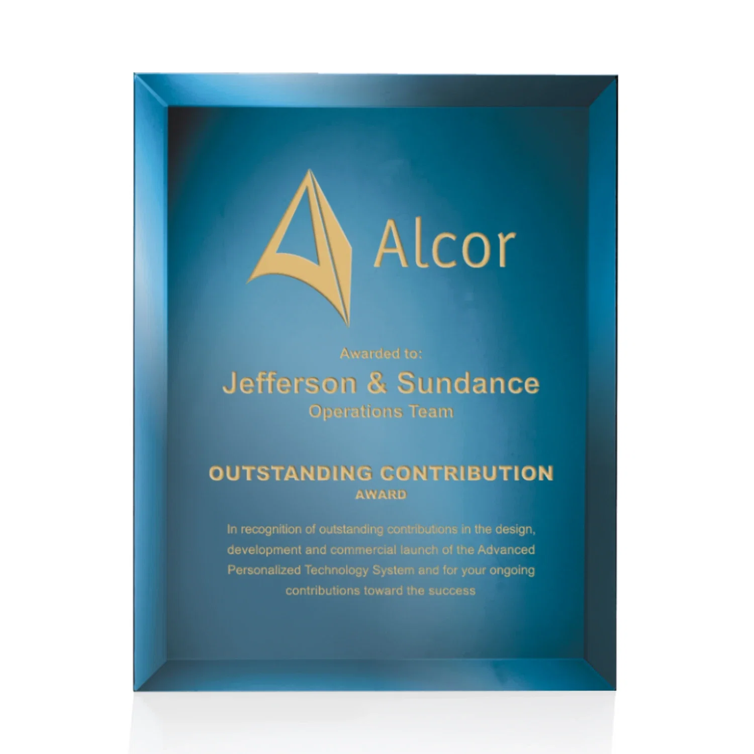 Custom Mirror wall plaque with deep-beveled edge, etched colorfill for safety achievement programs