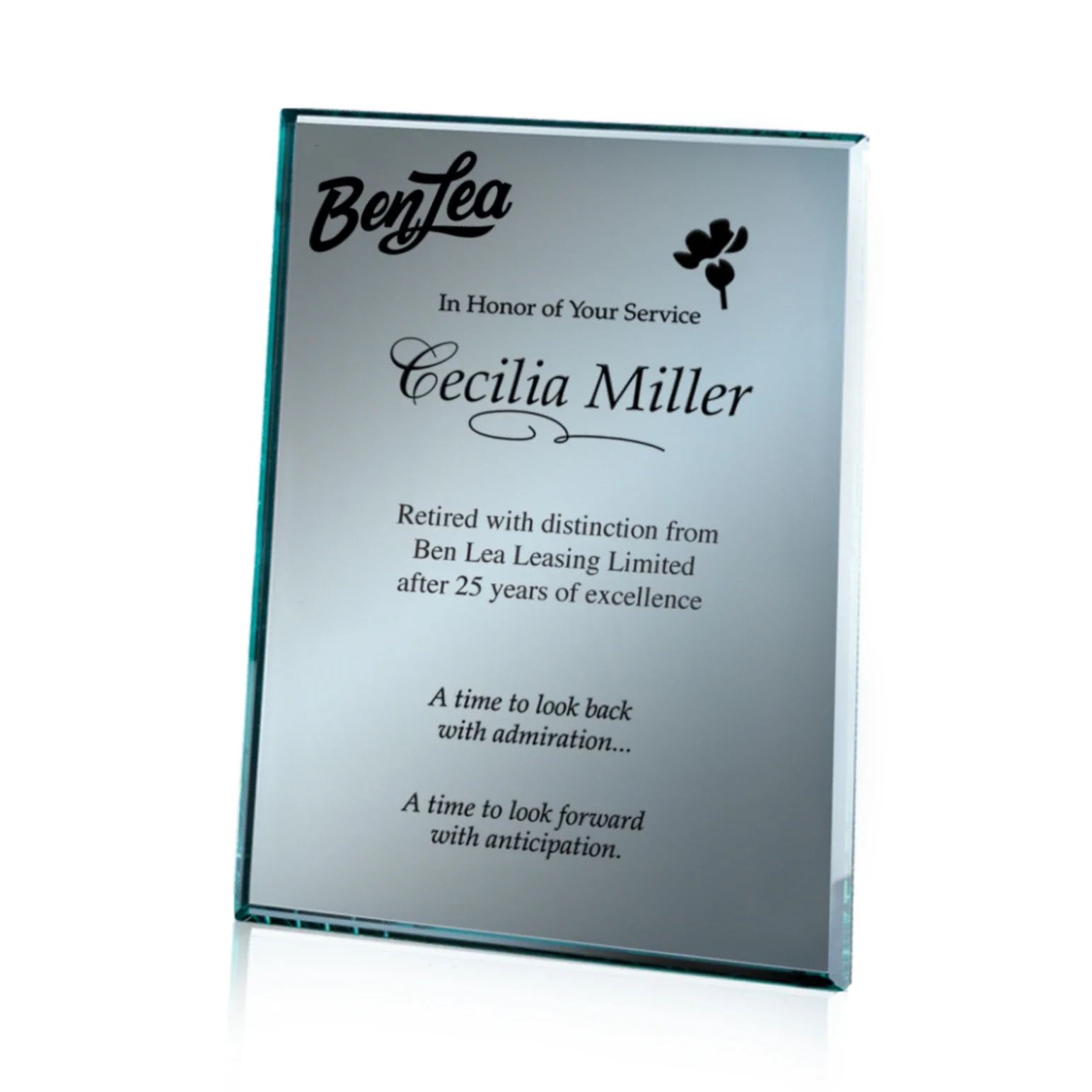 Custom Beveled silver mirror plaque, etched on the back not the front for employee recognition