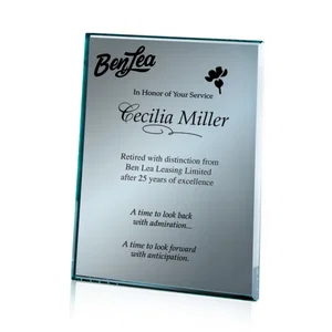 Beveled silver mirror plaque, etched on the back not the front