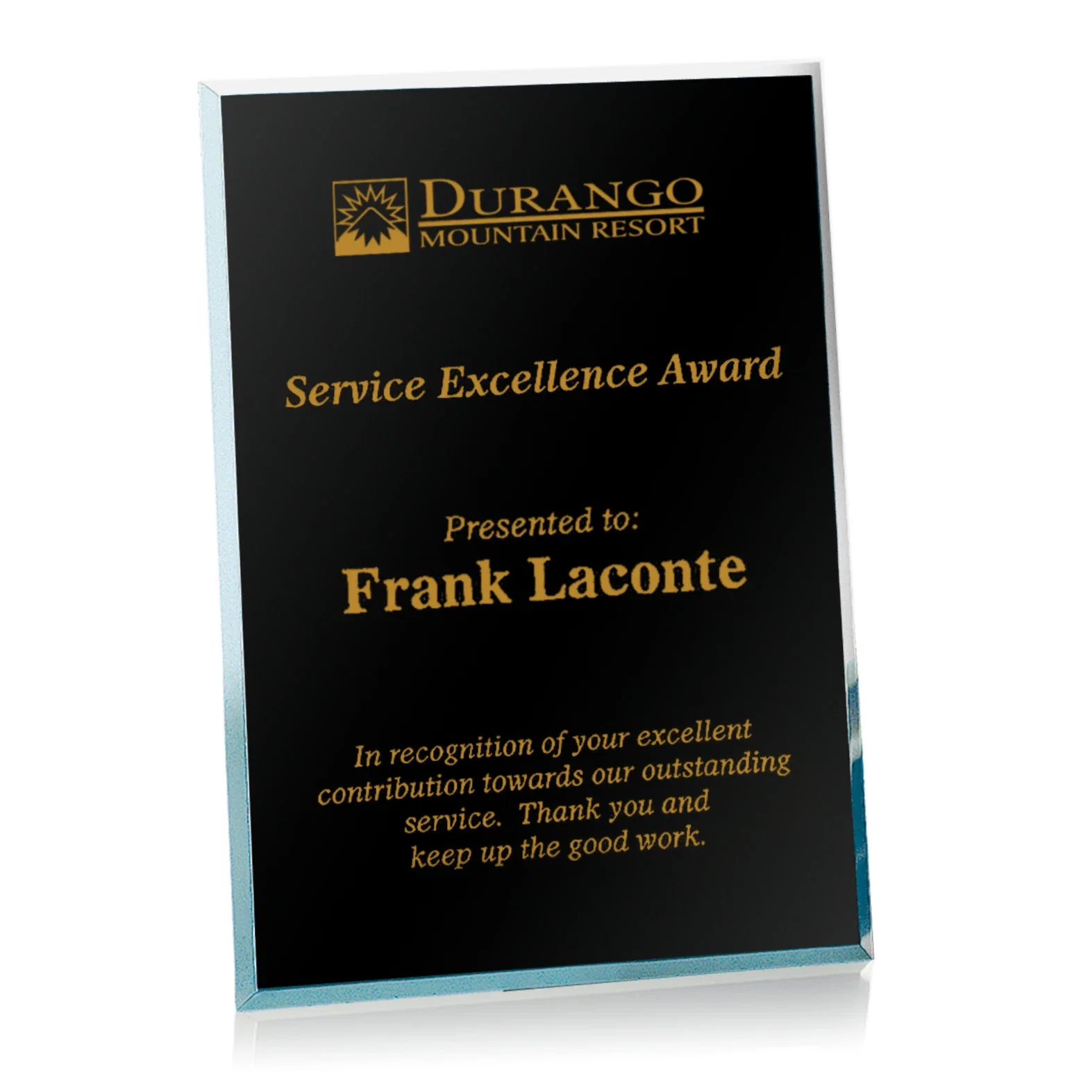 Custom Beveled silver mirror plaque, etched on the back not the front for volunteer appreciation