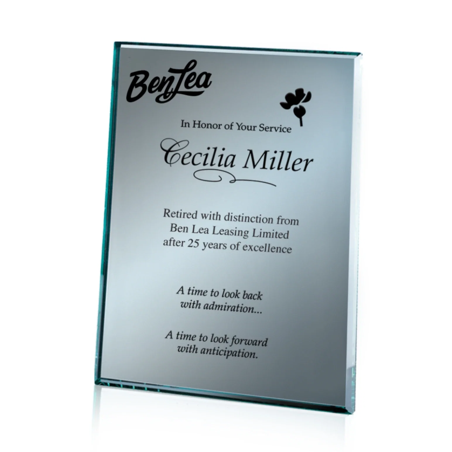 Custom Beveled silver mirror plaque, etched on the back not the front for corporate award ceremonies