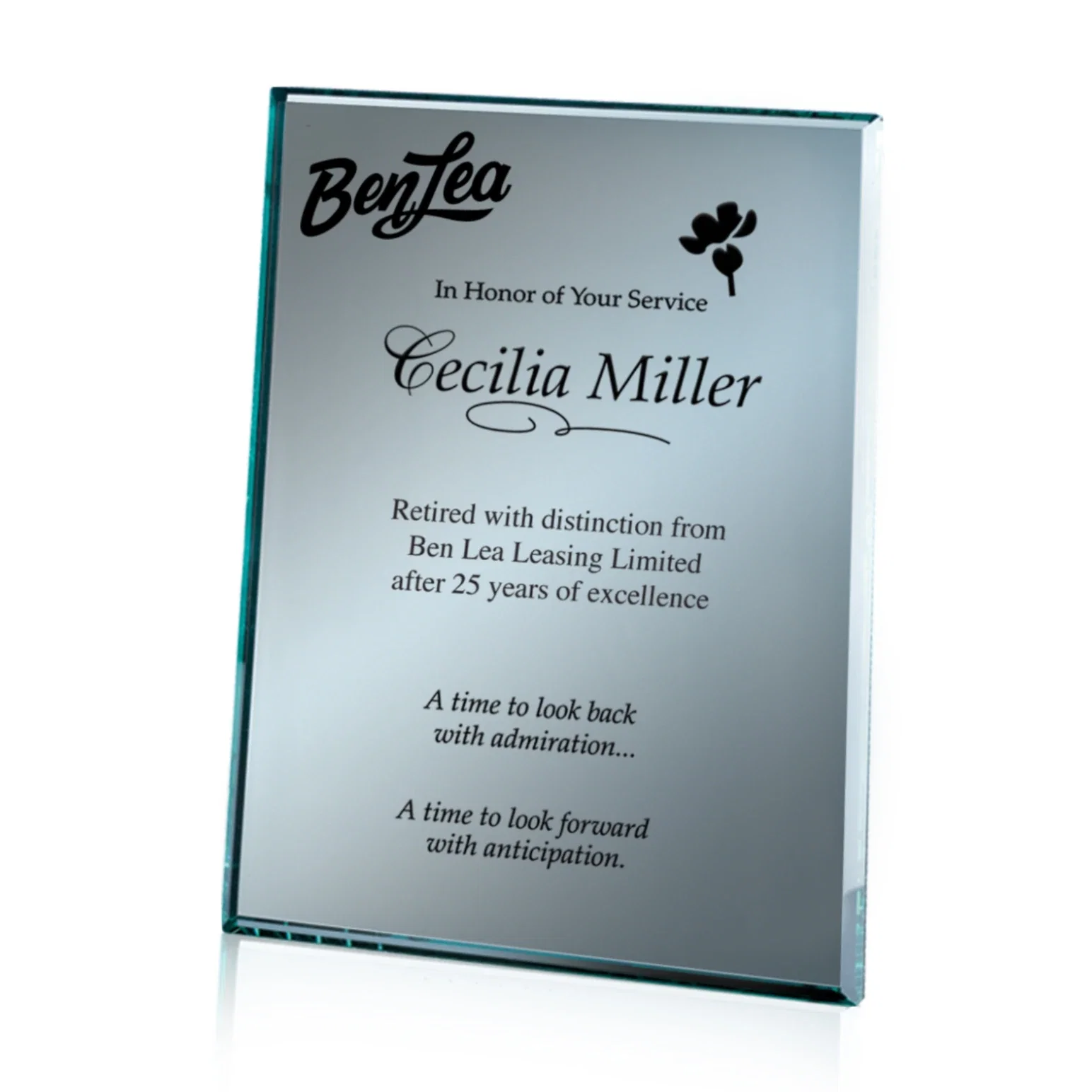Custom Beveled silver mirror plaque, etched on the back not the front for service anniversary gifts