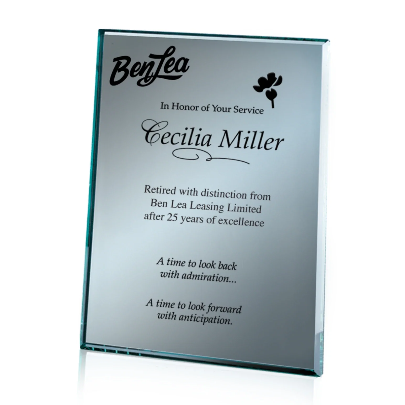 Custom Beveled silver mirror plaque, etched on the back not the front for sales achievement awards