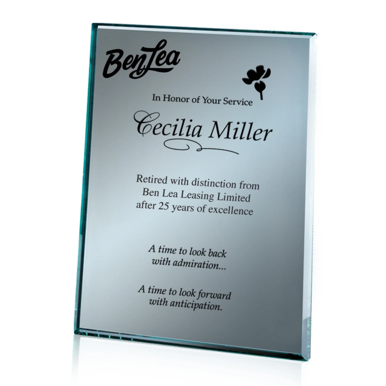 Custom Beveled silver mirror plaque, etched on the back not the front for retirement presentations