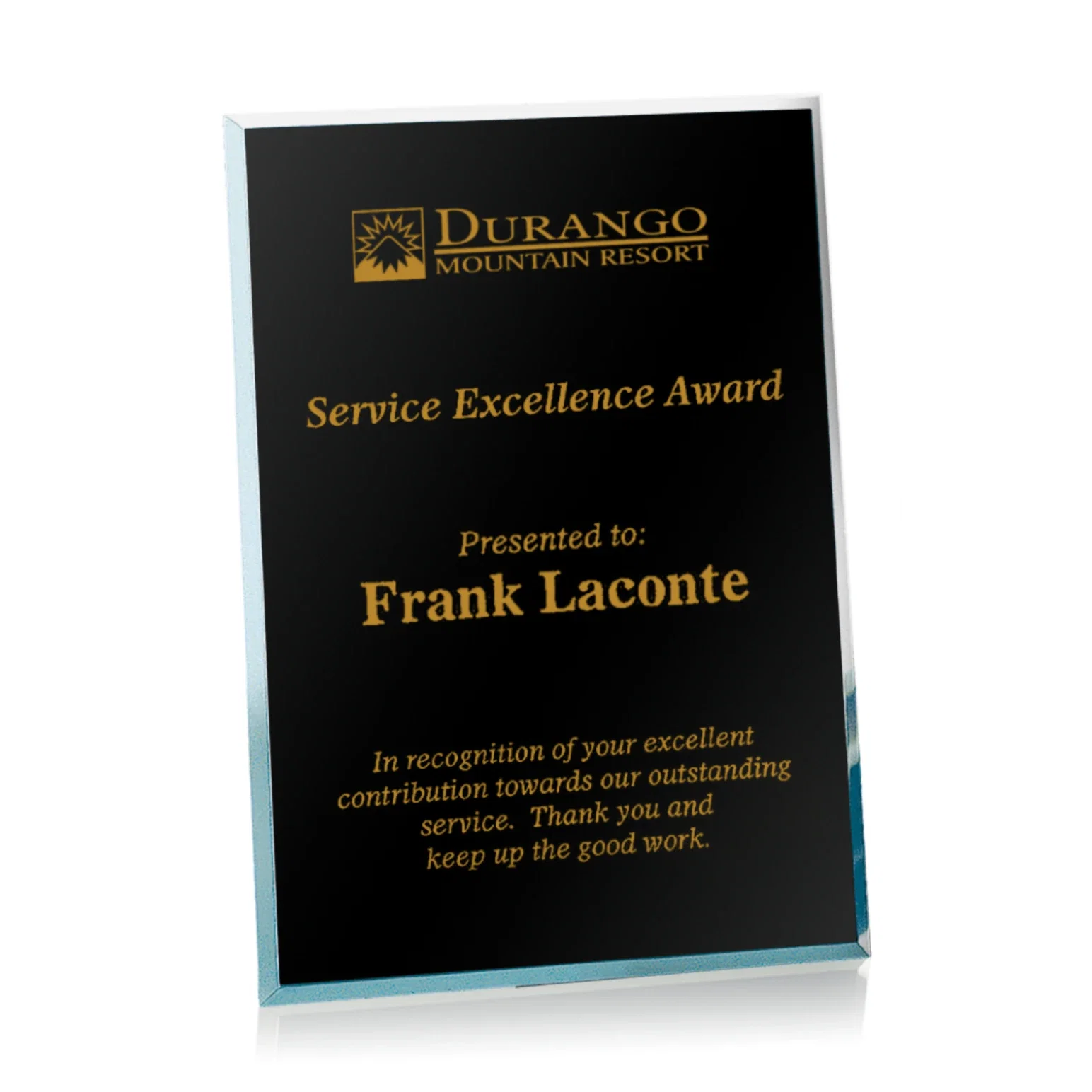 Custom Beveled silver mirror plaque, etched on the back not the front for donor appreciation