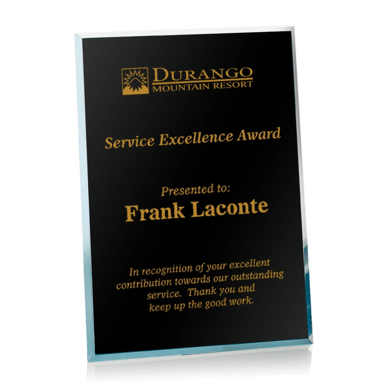 Custom Beveled silver mirror plaque, etched on the back not the front for safety achievement programs