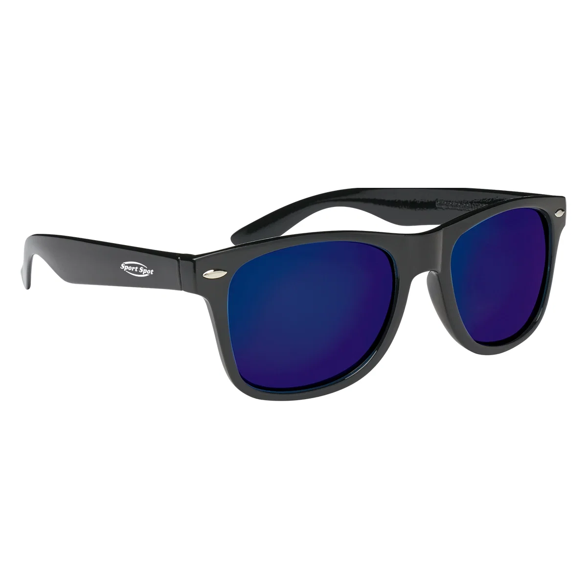 Mirrored sunglasses shown from the front with black frames