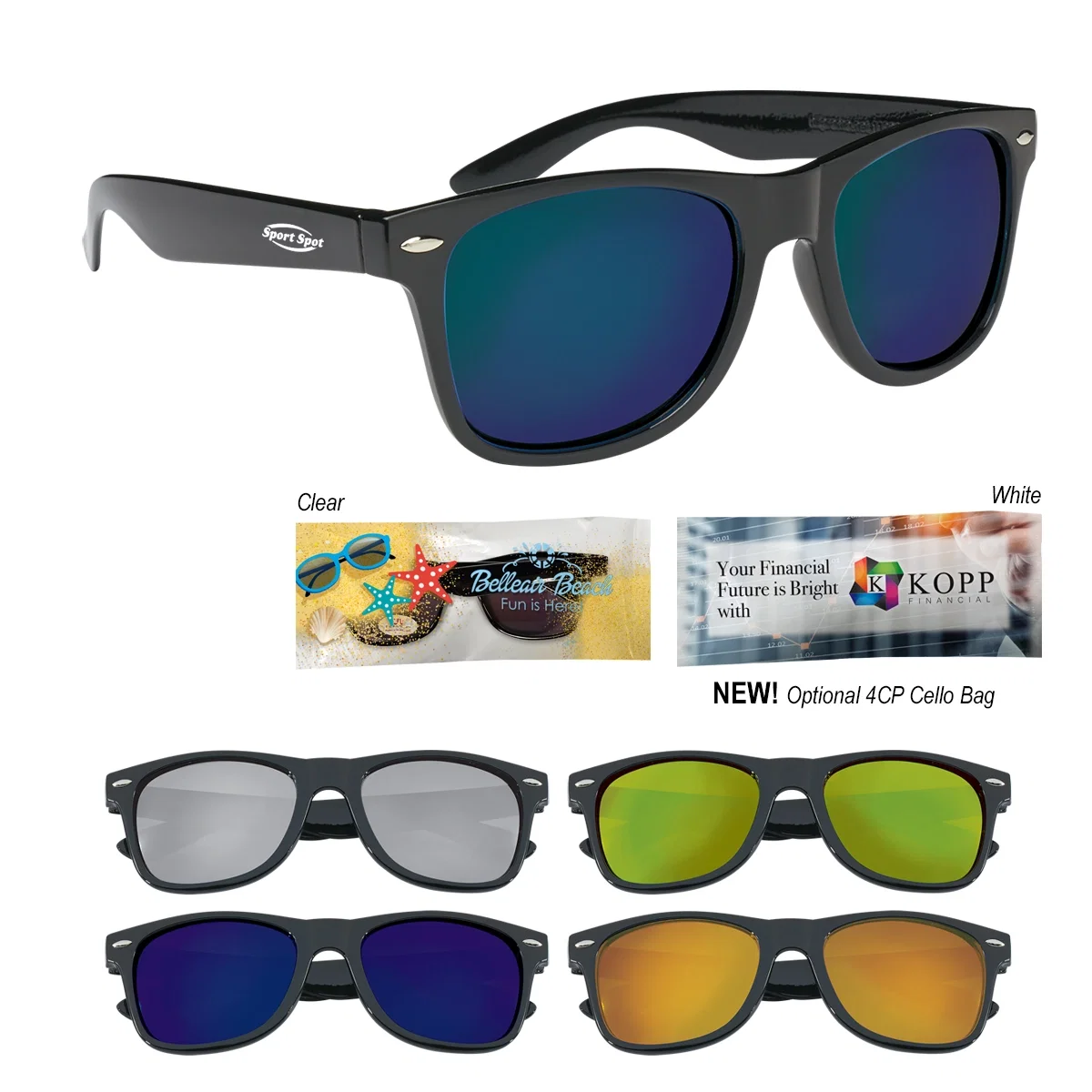 Black framed Malibu sunglasses with mirrored lenses