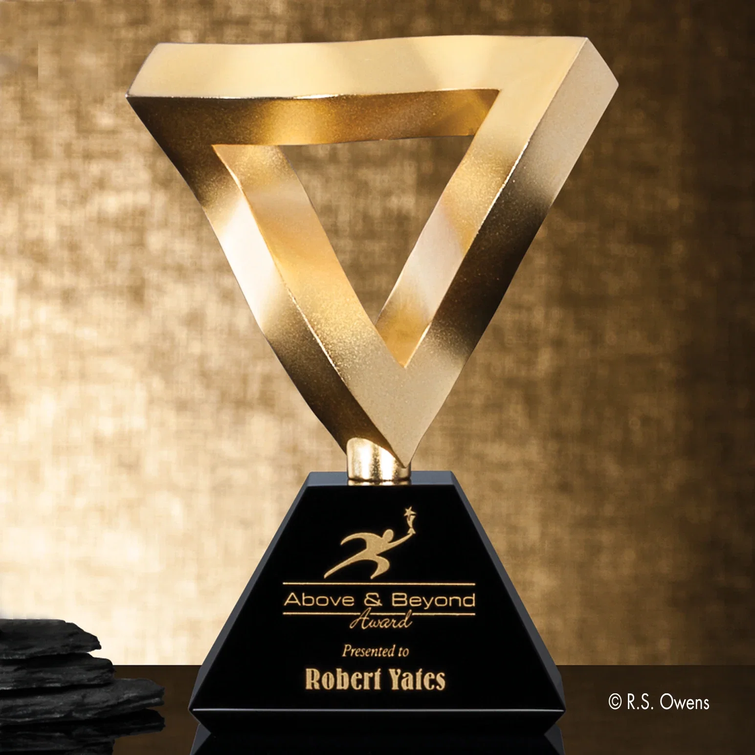 Custom Cast Metal Twisted-Rod Triangle Award on Ebony Crystal Base for corporate award ceremonies