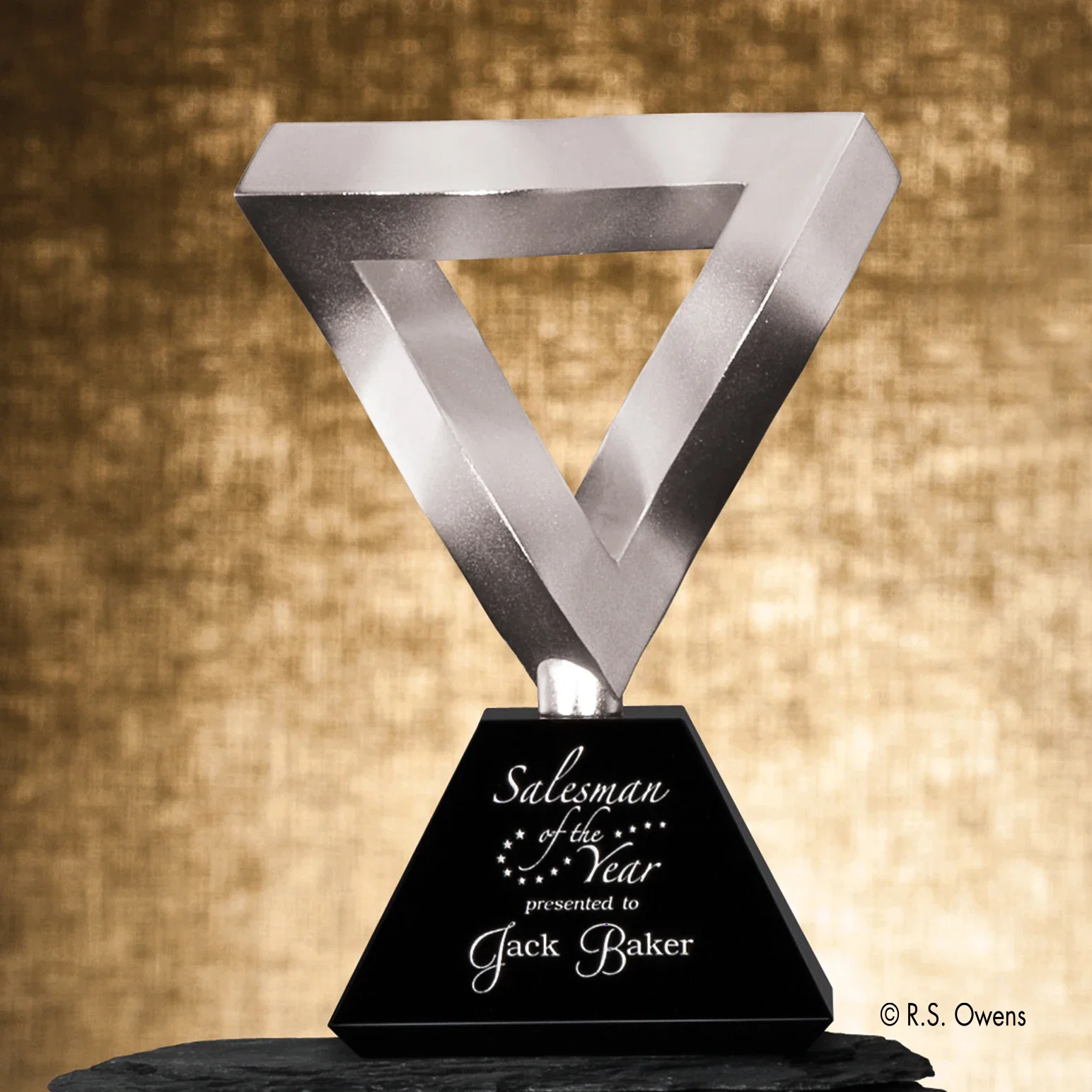 Custom Cast Metal Twisted-Rod Triangle Award on Ebony Crystal Base for service anniversary gifts