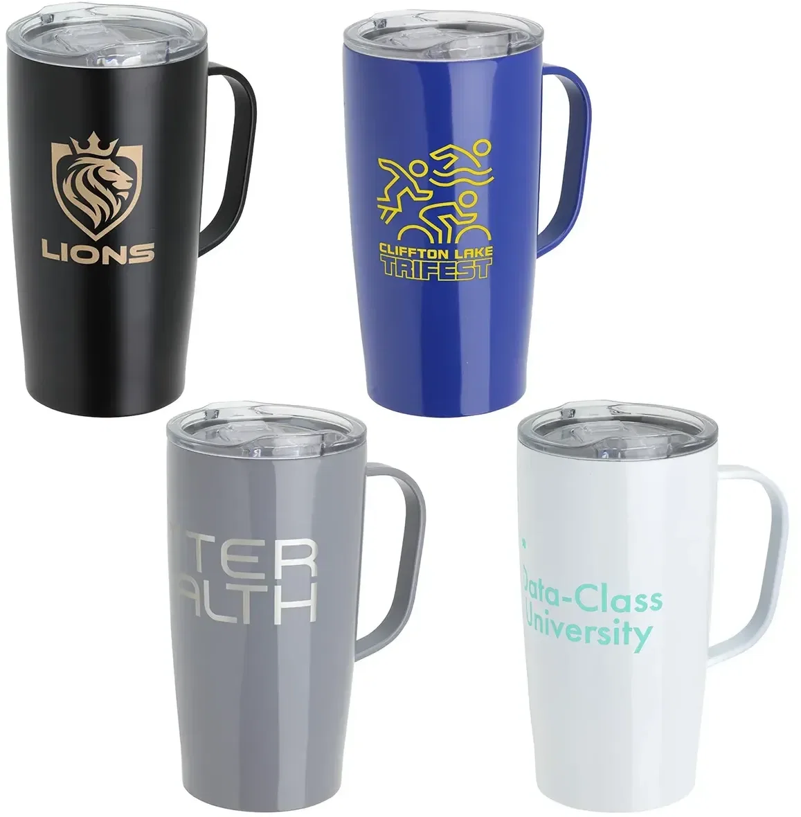 Custom Mitre 20 oz welded-handle steel mug, front view of the branded travel mug