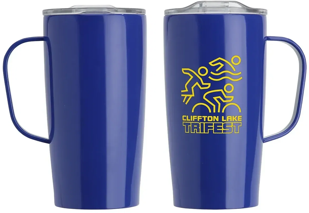 Branded Mitre steel mug showing the sturdy welded handle, promotional drinkware