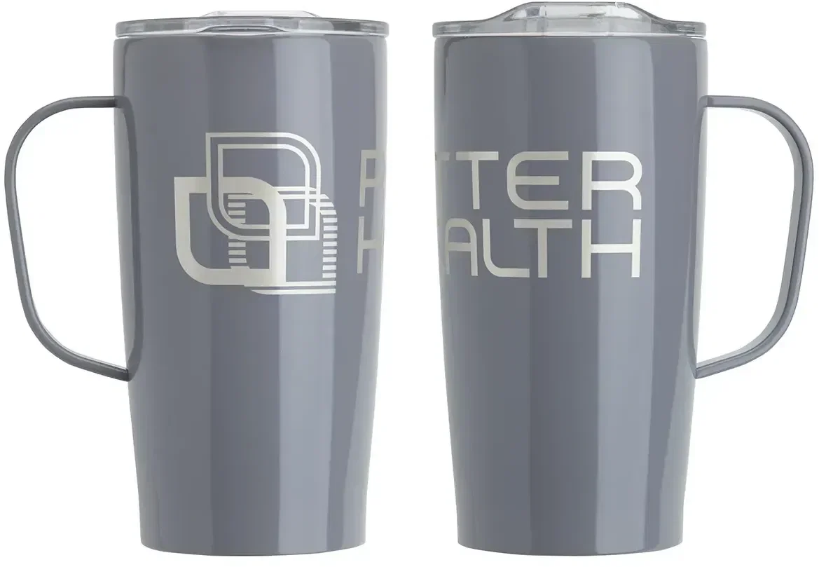 Custom Mitre 20 oz steel mug side profile, branded rugged travel mug