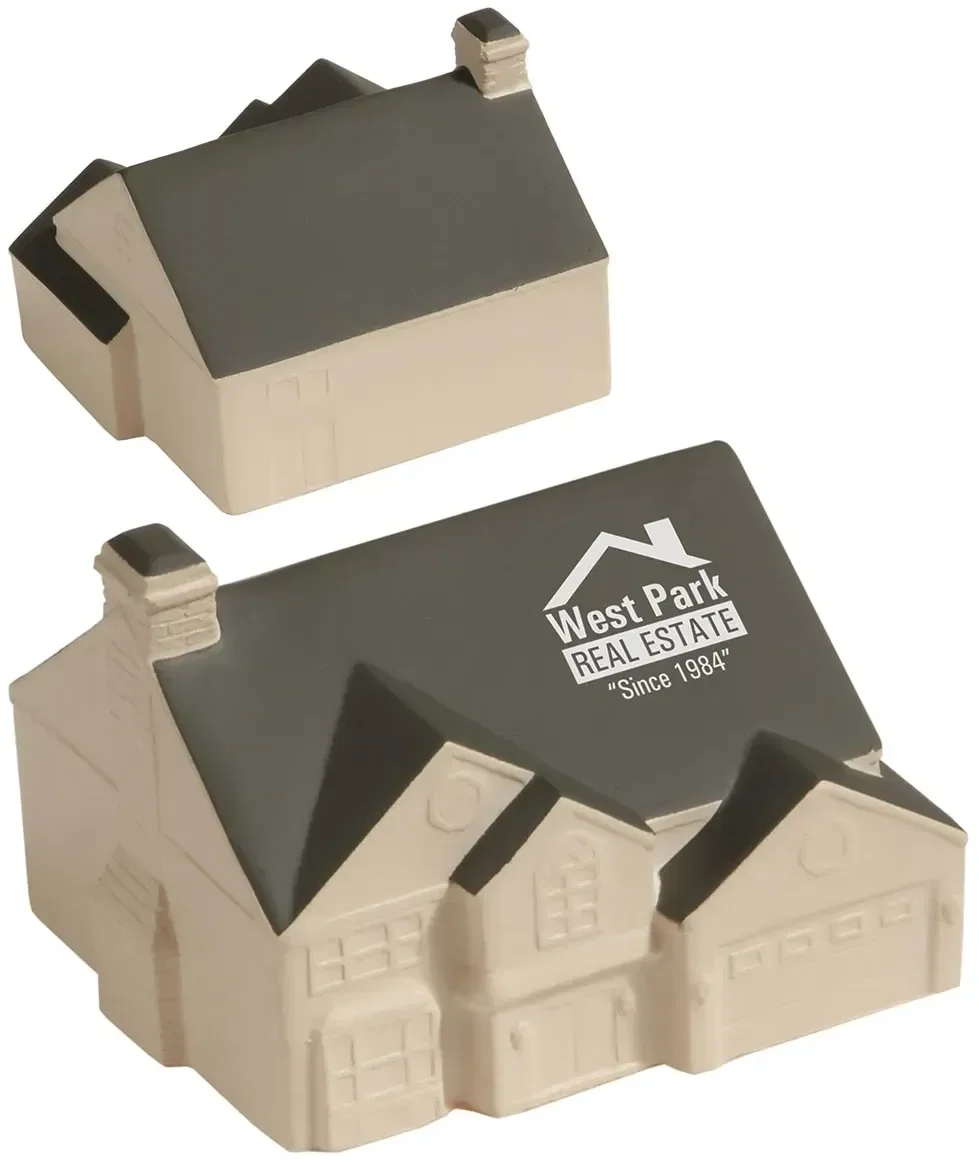 Custom Modern House Stress Reliever shaped like a modern home, molded foam with promotional logo