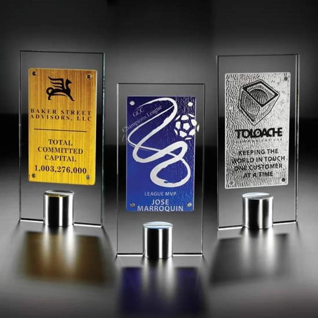 Custom Starfire and Amber Two-Panel Glass Award on an Aluminum Base for employee recognition