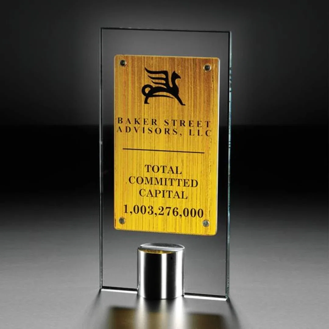 Custom Starfire and Amber Two-Panel Glass Award on an Aluminum Base for corporate award ceremonies