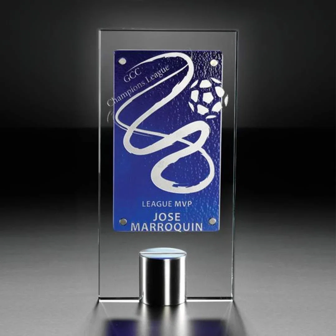 Custom Starfire and Amber Two-Panel Glass Award on an Aluminum Base for service anniversary gifts