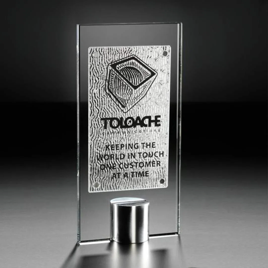 Custom Starfire and Amber Two-Panel Glass Award on an Aluminum Base for sales achievement awards