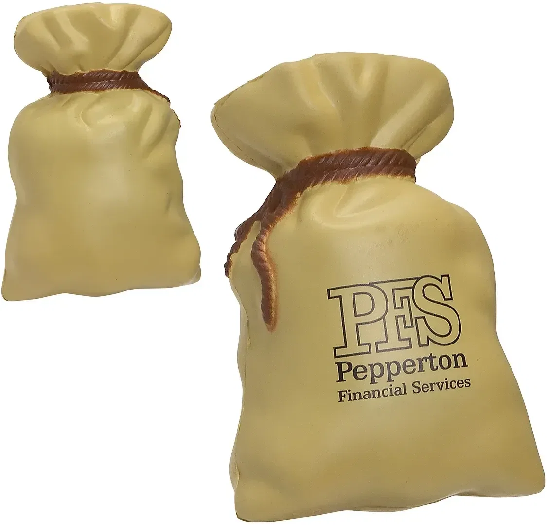 Money Bag custom stress reliever shaped like a cash sack, branded banking and savings promotional logo giveaway