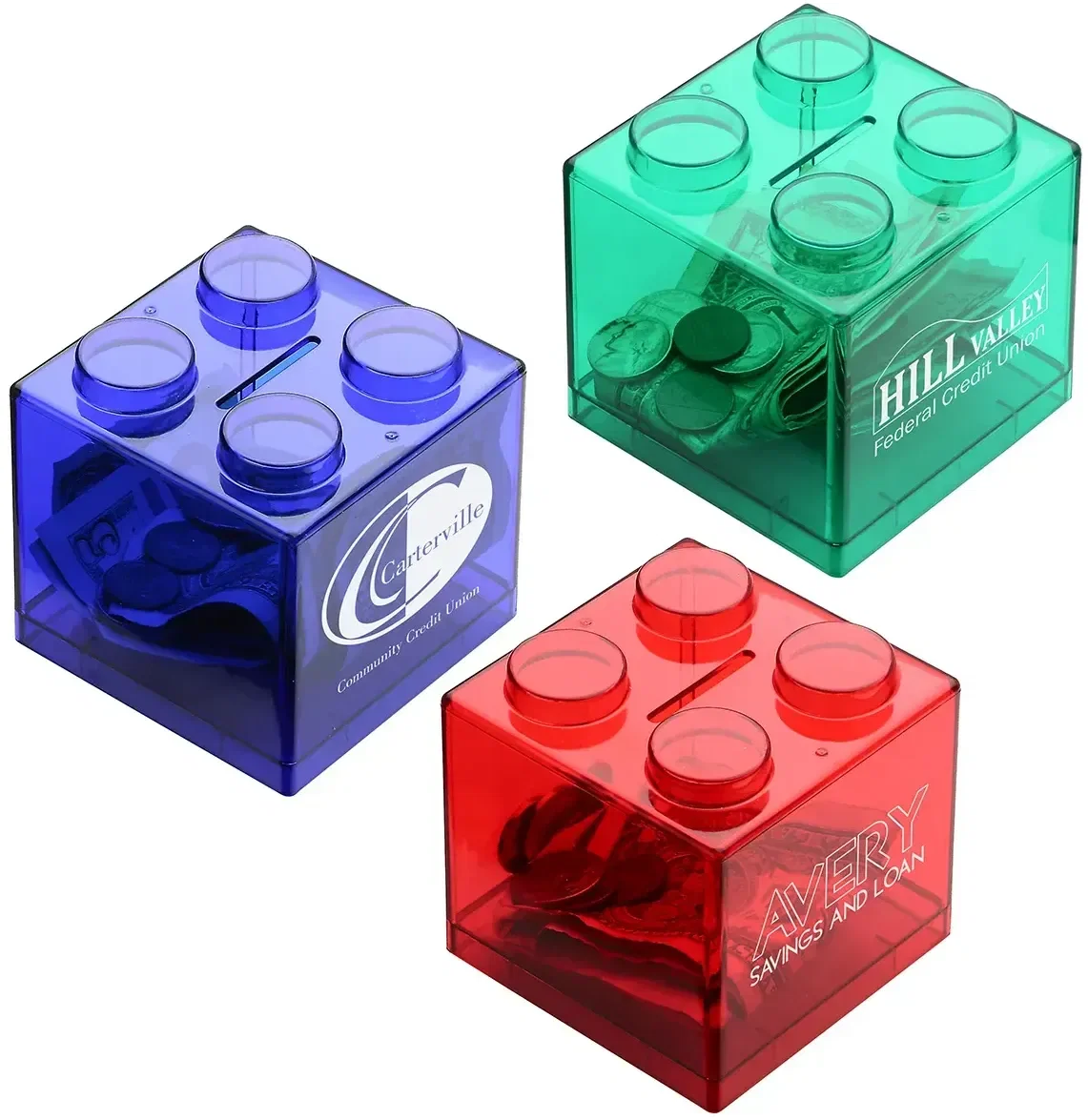 Money Stack custom branded translucent coin bank front view with logo area