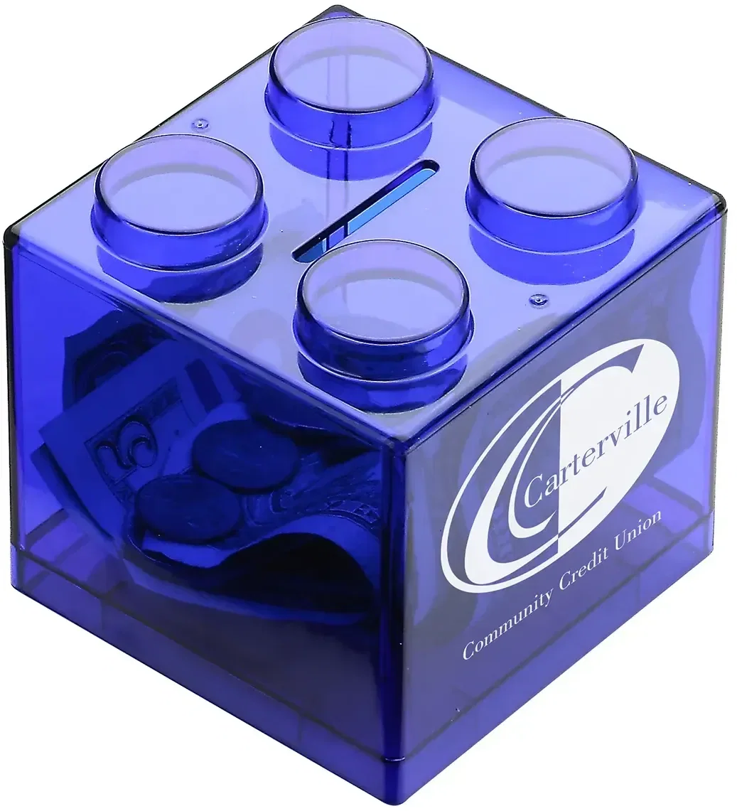 Promotional translucent coin bank showing stacked coins inside