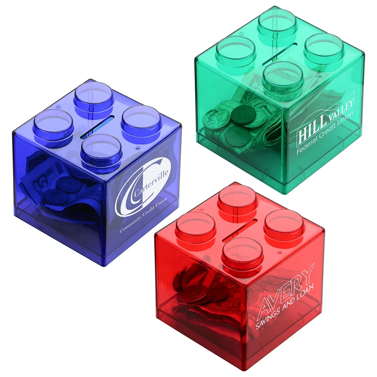 Close-up of custom coin bank slot and translucent shell