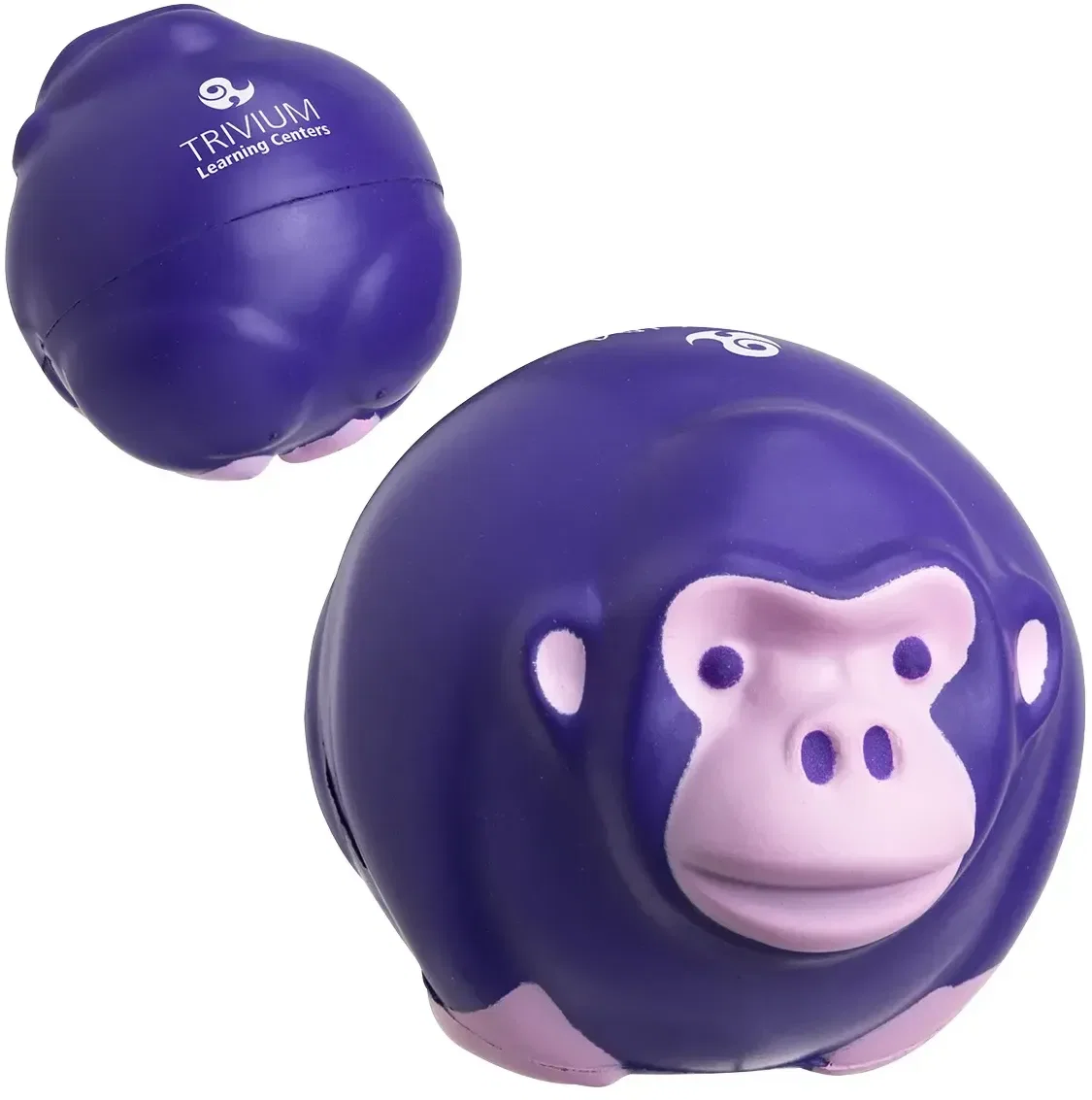 Monkey Ball Stress Reliever, custom monkey-face foam squeeze ball, front view for branded logo giveaways
