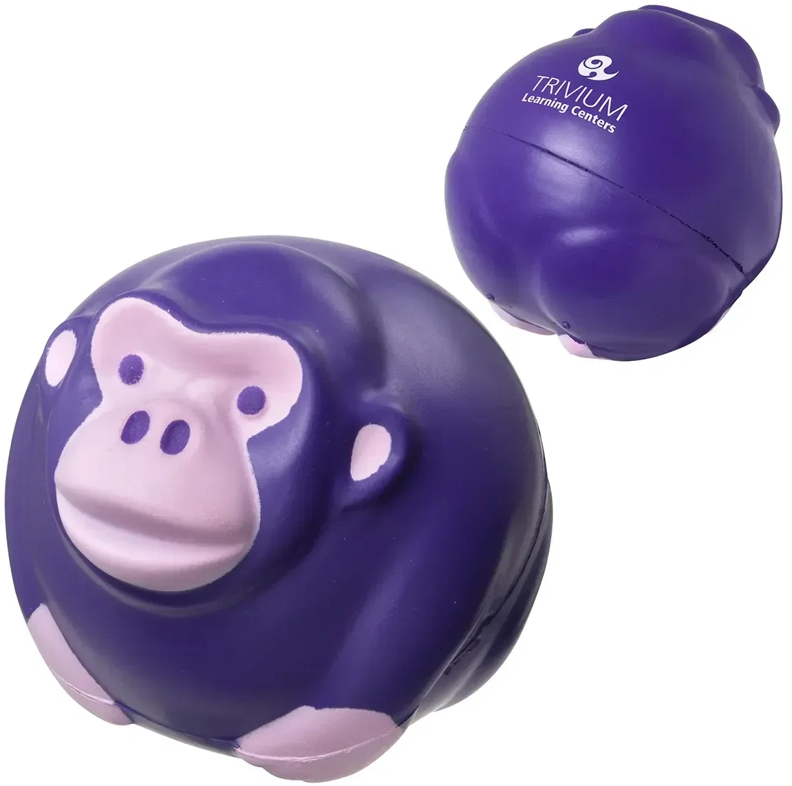 Monkey Ball Stress Reliever custom foam squeeze ball, angled view of promotional logo giveaway