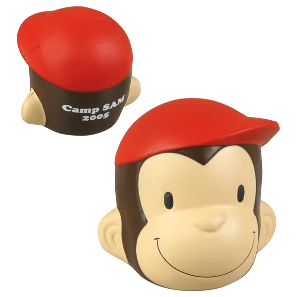 Monkey head shaped stress reliever with a funny face and a pad-printed back imprint
